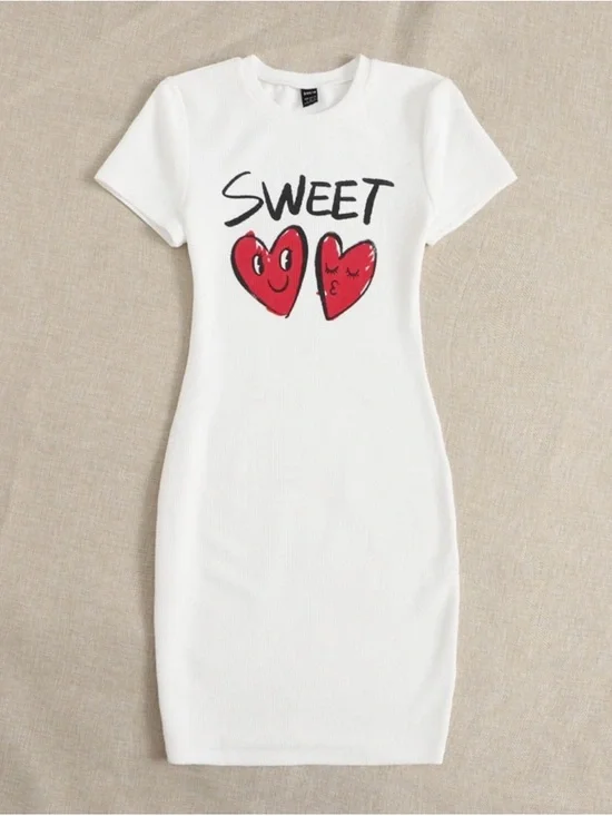 SHEIN White Midi Dress with Red Heart Motif and SWEET Script - Picture 3 of 3